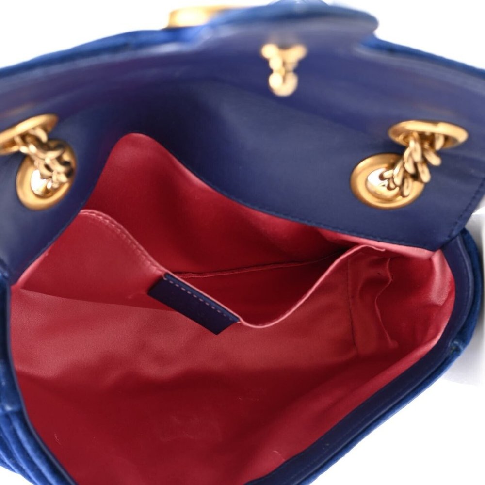 Gucci Velvet Matelasse Small GG Marmont Shoulder Bag Cobalt Blue Gold Handbag NW - Picture 5 of 9